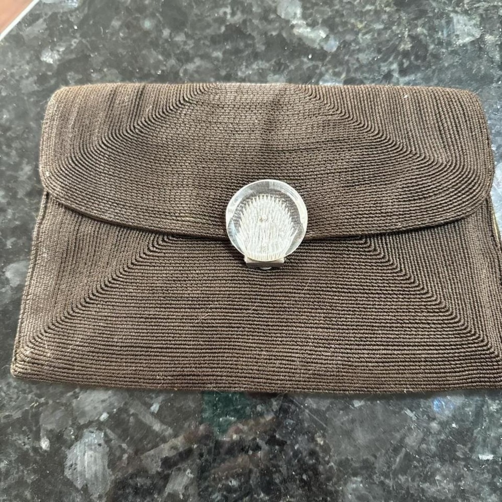 Vintage‎ Brown Brocade Clutch Evening Bag With Crystal Clasp